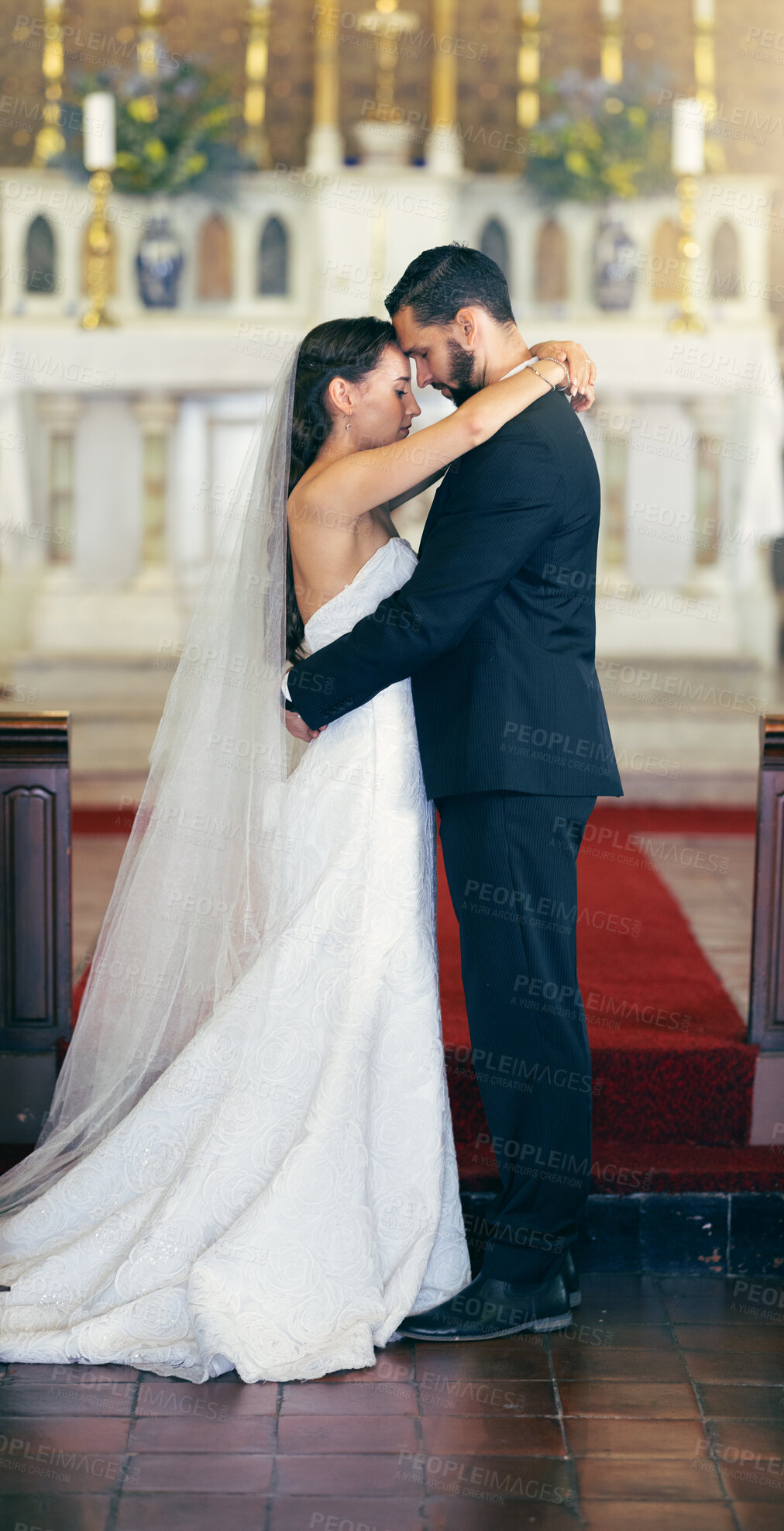 Buy stock photo Love, wedding and couple dance in church in celebration of the bride and grooms faithful commitment in marriage. Romance, support and classy wife dancing with a trusted husband at a romantic event