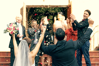 Buy stock photo Wedding, applause and couple holding hands in celebration with support from clapping guests, friends and family. Back view, bride and groom celebrate trust, hope and success in love at a social event