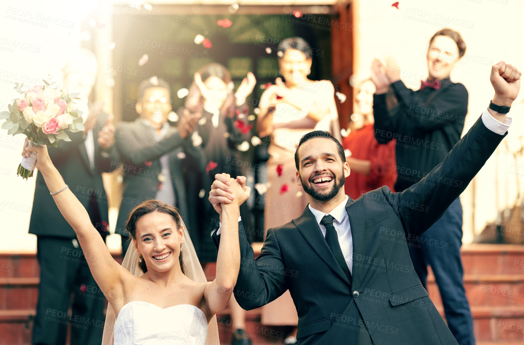 Buy stock photo Bride, groom smile and celebrate leaving church holding hands together after wedding ceremony, bridal vows and celebration of love. Happy man, smiling woman and catholic marriage ceremony tradition 
