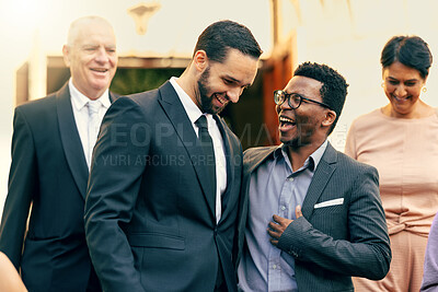 Buy stock photo Wedding, guests and friends laughing in celebration, bond and enjoying conversation, happy and joy. Diversity, people and marriage ceremony by cheerful group having fun, celebrating at formal event