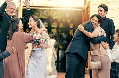 Buy stock photo Family, wedding at church for the bride and groom hugging in celebration and happiness for marriage ceremony farewell. Happy married couple saying their good byes or celebrating together at the venue