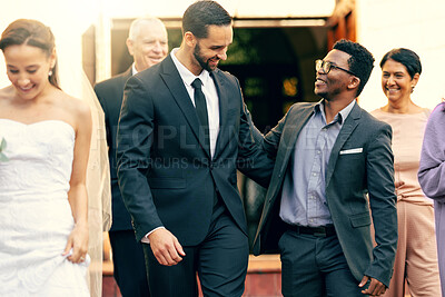 Buy stock photo Wedding, friends and celebration with men outdoor after ceremony at the church for commitment, love and marriage. Diversity, family and support for man or groom feeling happy about love and decision