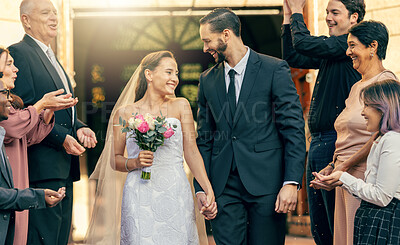 Buy stock photo Marriage love, couple and wedding celebration applause from excited group of people, church crowd or clapping guest audience. Partnership commitment ceremony, man and woman walk with flower bouquet