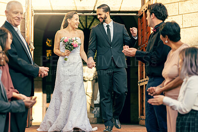 Buy stock photo Wedding, man and woman celebrating their love by church after a commitment ceremony with guests. Marriage, married and loving couple in romantic celebration with husband and wife for romance 