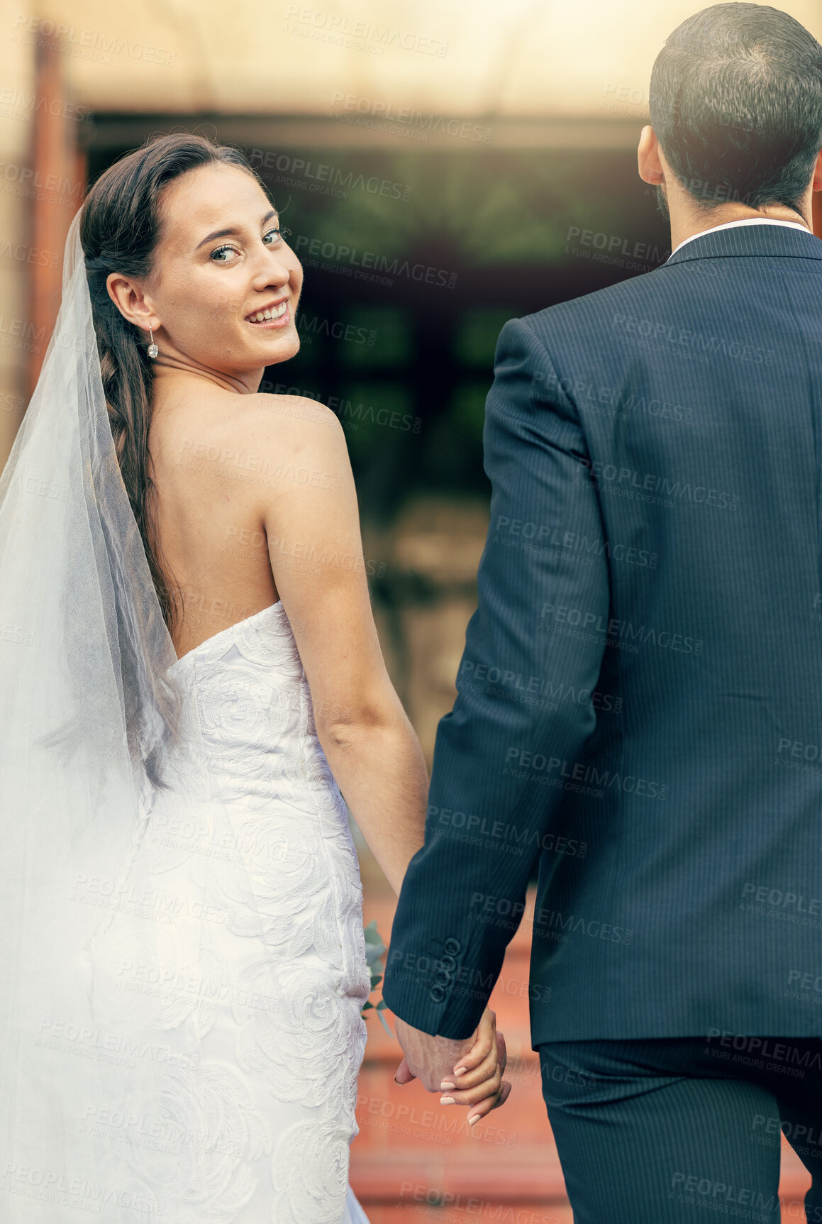 Buy stock photo Wedding, married and man and woman holding hands outside of church after marriage ceremony. Romance, romantic and commitment event for husband and wife hold hand for affection and love or care