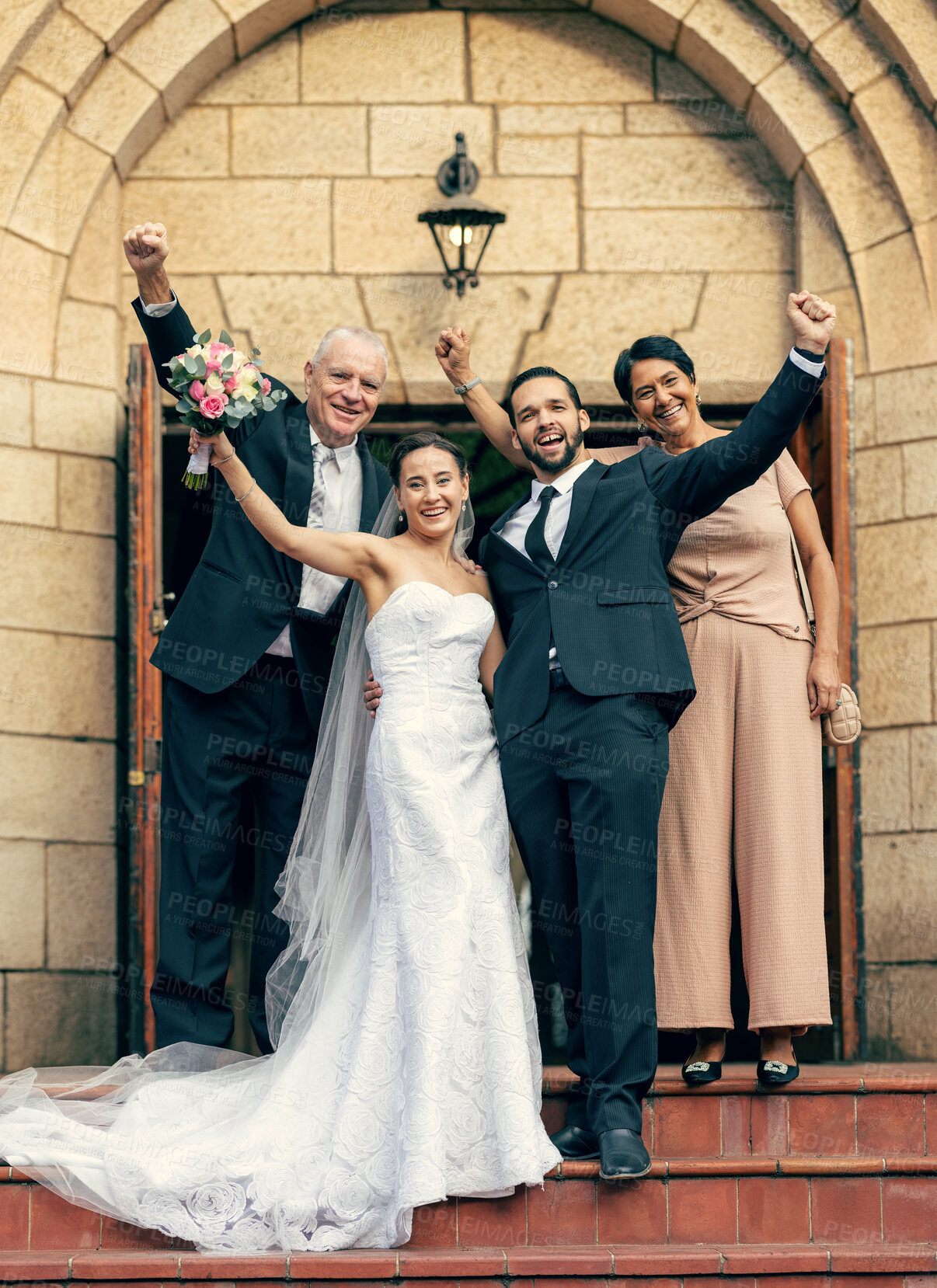 Buy stock photo Wedding, bride and groom with parents on stairs, church and happiness at excited celebration. Marriage, couple and celebrate with flowers, portrait and happy family for love with mom, dad and outdoor