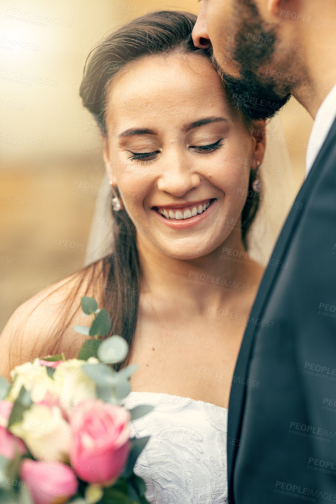 Buy stock photo Love, marriage wedding and couple kiss from groom happy after partnership commitment, trust ceremony or union event. Bride with flowers bouquet, romantic eternal bond and newlywed man and woman smile