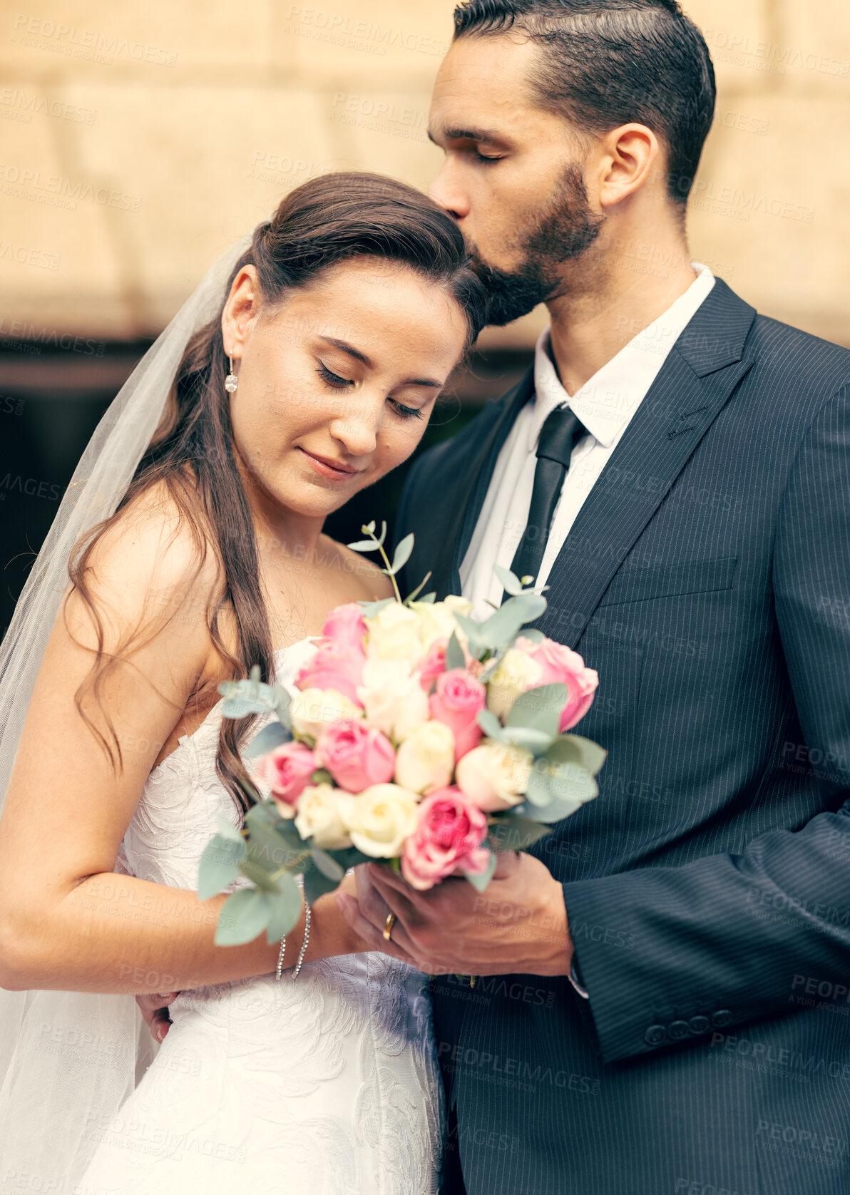 Buy stock photo Love, happy and flowers with couple on wedding for affection, kiss and embrace after marriage ceremony. Relationship, lifestyle and hug with man and woman with bouquet for romance, event or reception