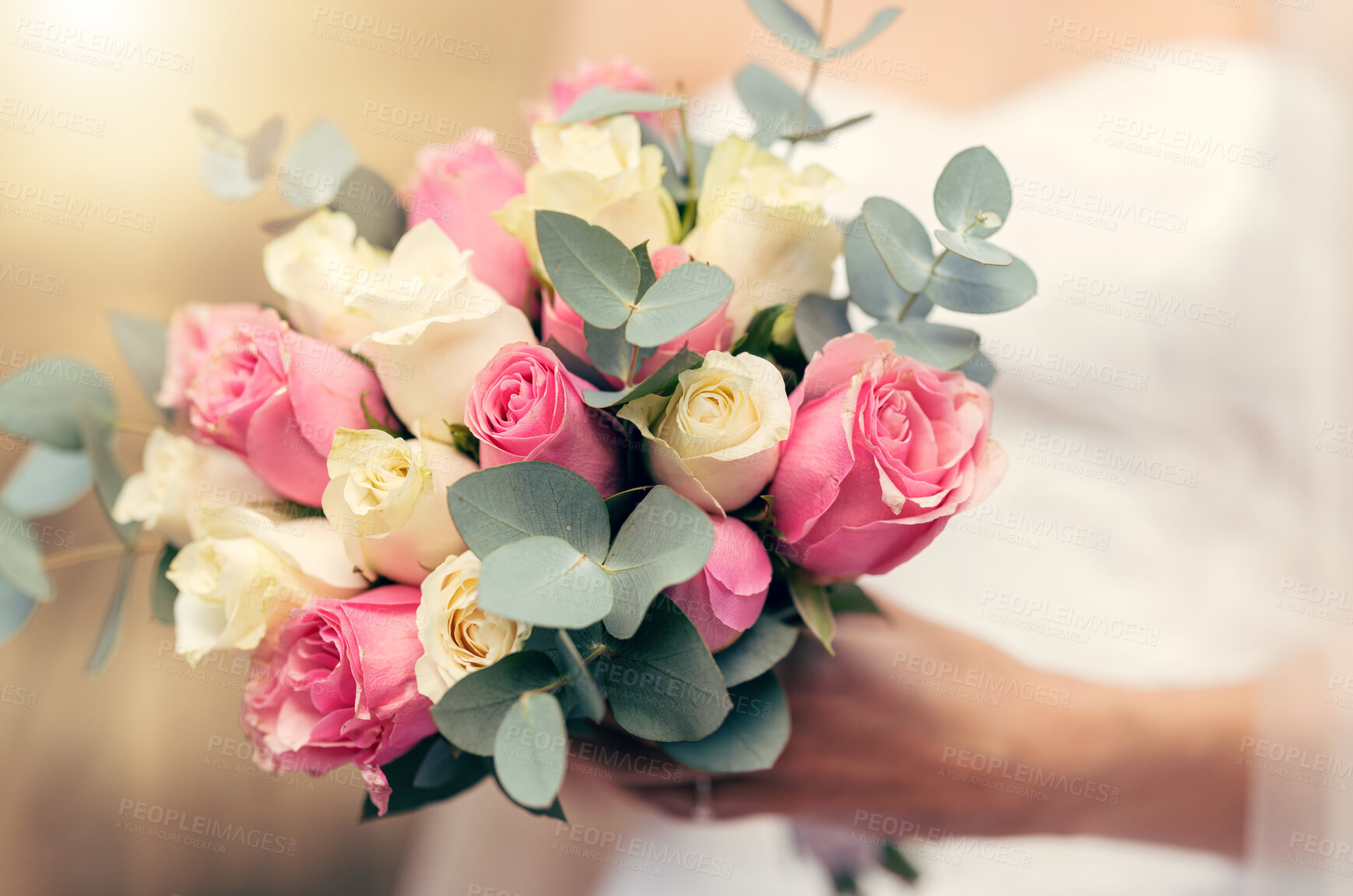 Buy stock photo Wedding, flowers and rose bouquet of bride ready to walk isle for marriage, catholic religion ceremony and life commitment. Boutique floral arrangement, yellow and pink roses in womans hand to marry 