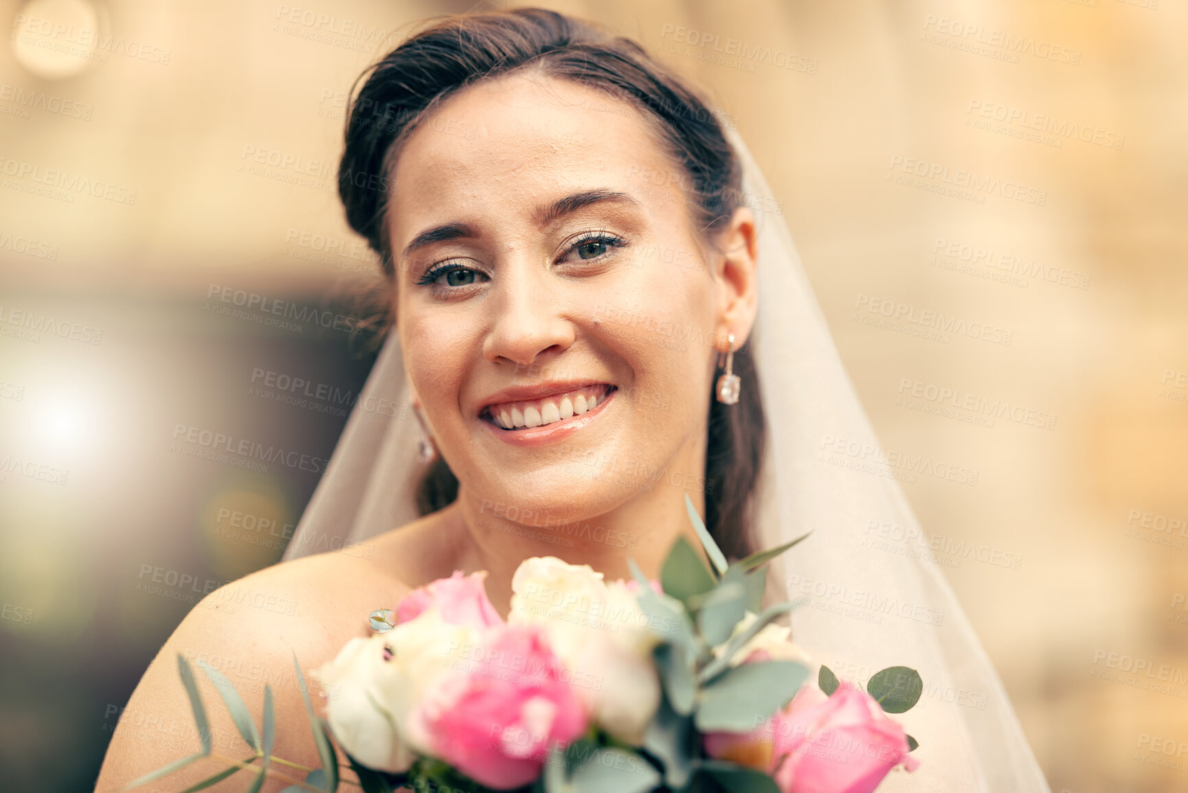 Buy stock photo Beauty, bride and portrait of a woman holding a flower bouqet on her wedding day. Female, beautiful and cosmetics with face of lady holding a floral bunch on her marriage day at commitment ceremony