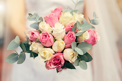 Buy stock photo Bouquet, wedding and bride marriage celebration with natural roses, flowers and leaves zoom. Engagement, blossom and beautiful floral rose arrangement for elegant day of bridal woman.

