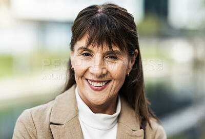 Buy stock photo Senior woman, face and smile for vision, ambition or career success in happiness for working in the city. Portrait of happy elderly female smiling with teeth in joy for successful goals or job plan