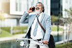 Phone call, businessman and cycling asian man on a trip or journey to work in the city during the day. Cycle, bike and bicycle with male businessperson on cellphone communication during urban commute