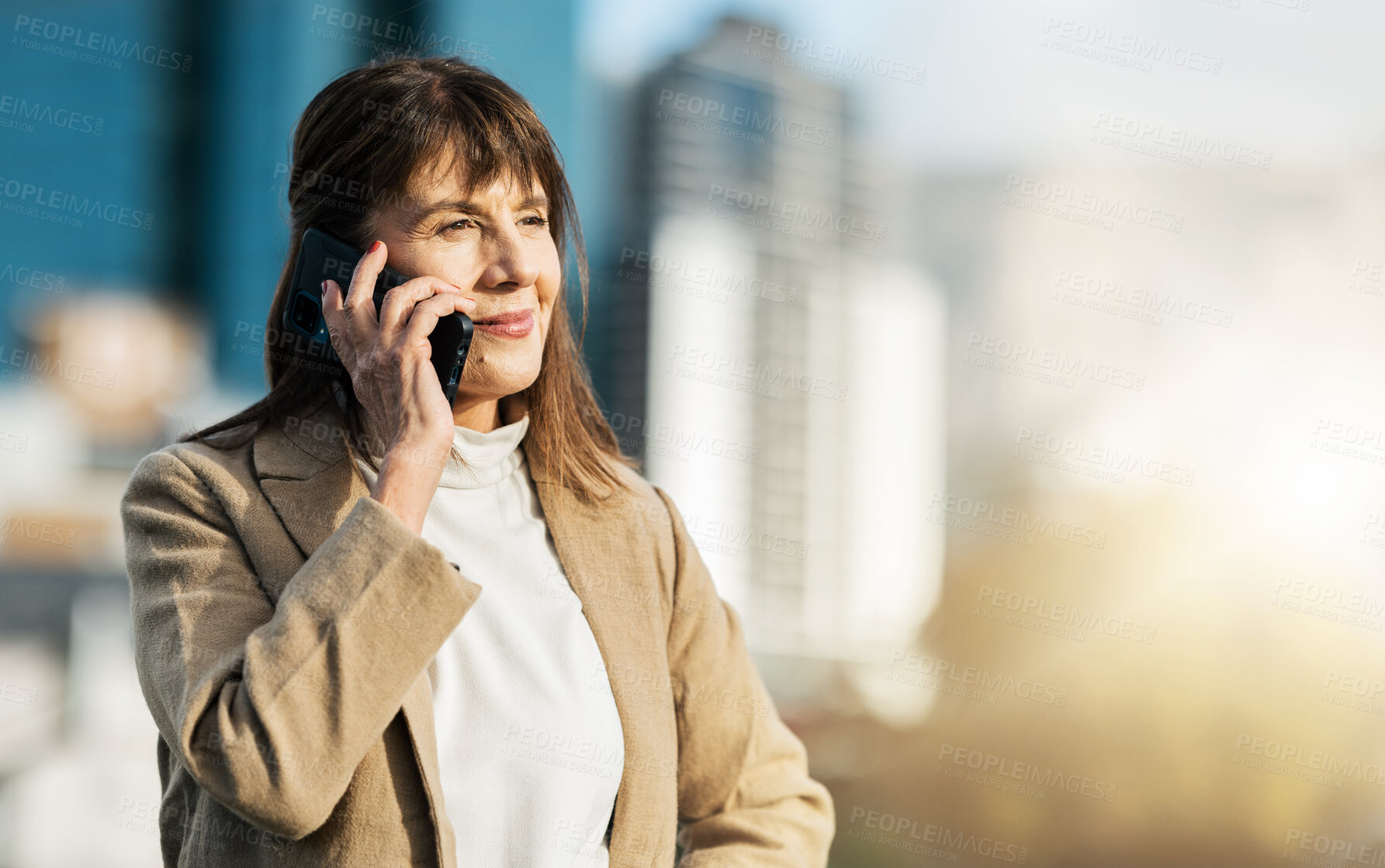 Buy stock photo Phone call, city and senior business woman standing in street talking, listening and in conversation on smartphone. Vision, communication and female thinking of idea for company with urban background