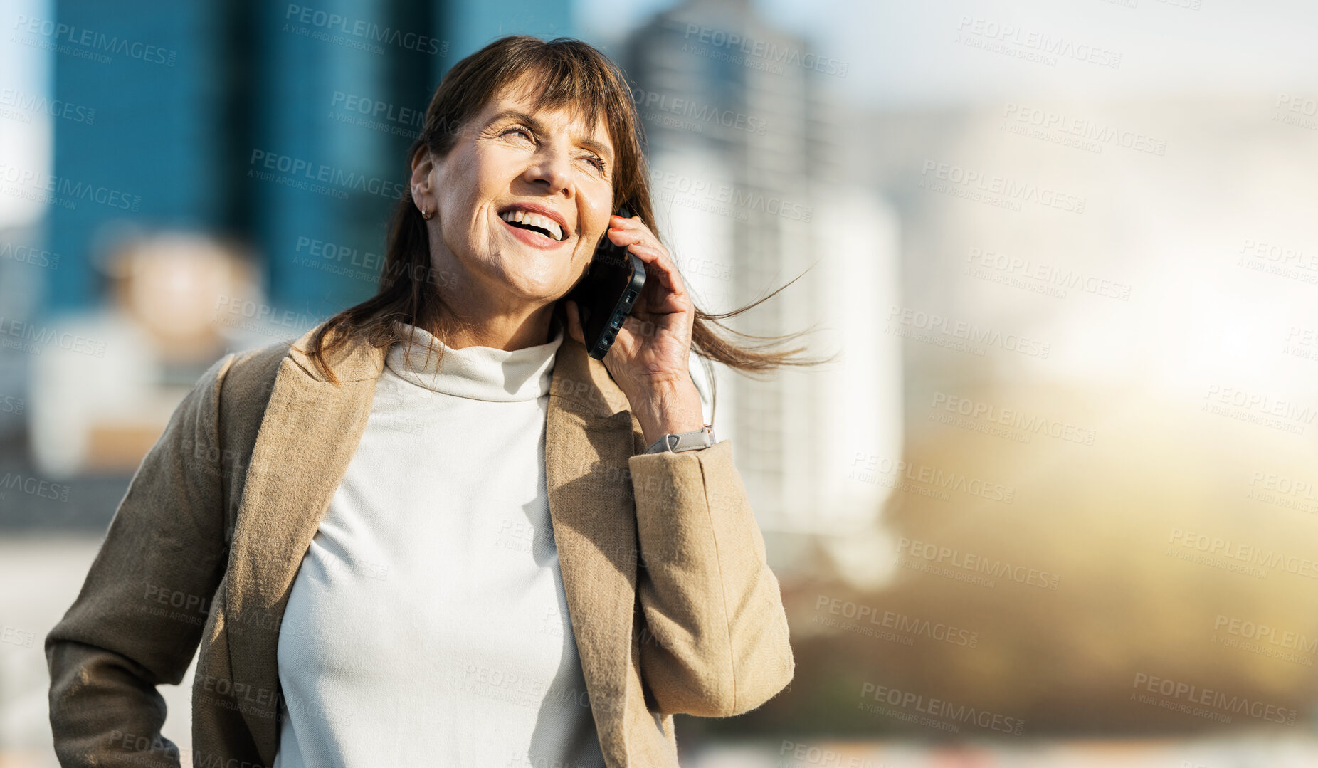 Buy stock photo Phone call communication, flare and senior woman on 5g conversation, discussion and talking to mobile contact. Digital connection, smartphone and elderly person speaking while on travel in urban city