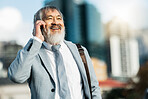 Businessman, smile and phone call in the city for communication, conversation or talking in the outdoors. Happy man having a successful business discussion call on a mobile smartphone in a urban town