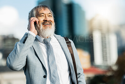 Buy stock photo Businessman, smile and phone call in the city for communication, conversation or talking in the outdoors. Happy man having a successful business discussion call on a mobile smartphone in a urban town