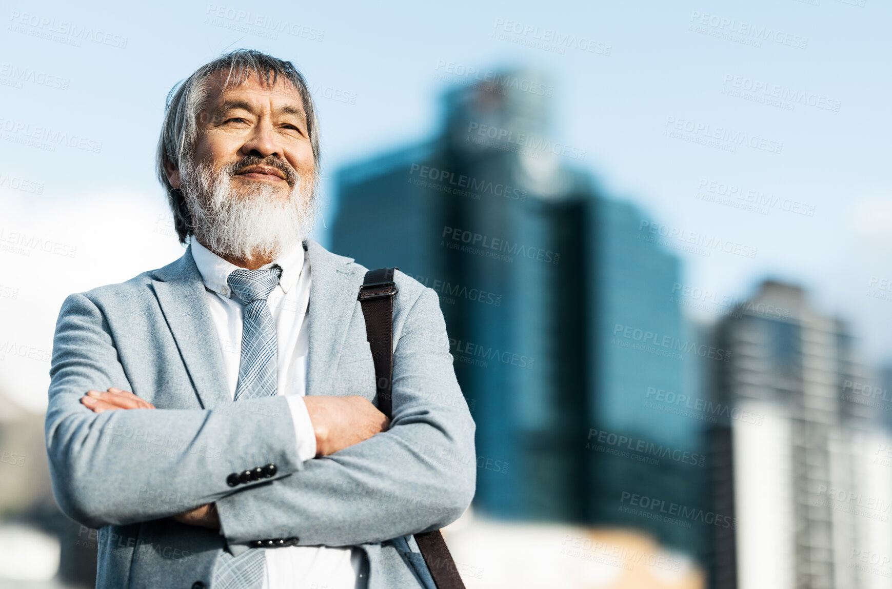 Buy stock photo Business man, city and outdoor thinking about idea, goal and vision for success with boss mindset, smile and motivation. Asian entrepreneur with arms crossed against urban background planning future