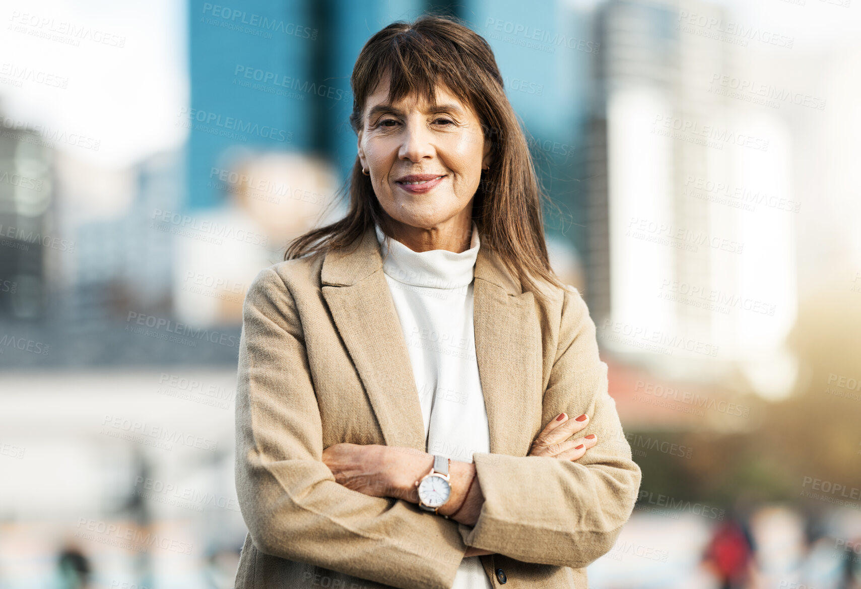 Buy stock photo Senior business woman, portrait and arms crossed in city with smile. Vision, leadership and success mindset of mature female ceo, manager or company leader happy with goals, targets or career growth
