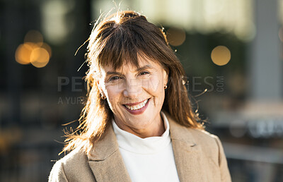 Buy stock photo Portrait, mature woman and businesswoman in the city commuting to work or her office. Face, front and executive or leading traveling female in an urban town for travel to professional workplace 