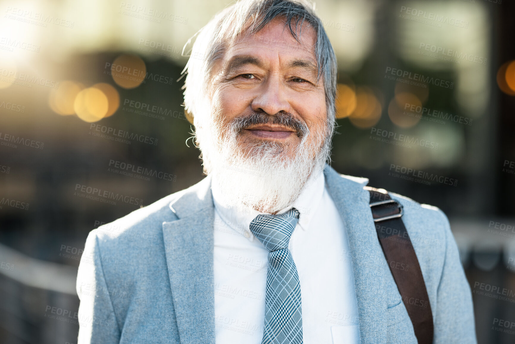 Buy stock photo Smile, portrait and senior Asian businessman standing outdoor by his office building in the city. Happy, face and professional elderly manager from Asia with a positive mindset in an urban town.