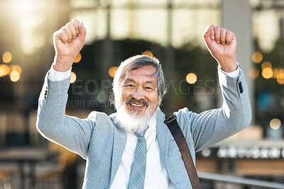 Buy stock photo Asian man, winner and business, success with fist up outdoor for celebration after winning, achievement or opportunity in city. Portrait of china entrepreneur celebrate goals for motivation outdoor