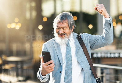 Buy stock photo Happy businessman, winner or phone celebration for lottery, success corporate deal or financial company growth in city. Smile, fist pump or wow senior man winning online competition on smartphone app