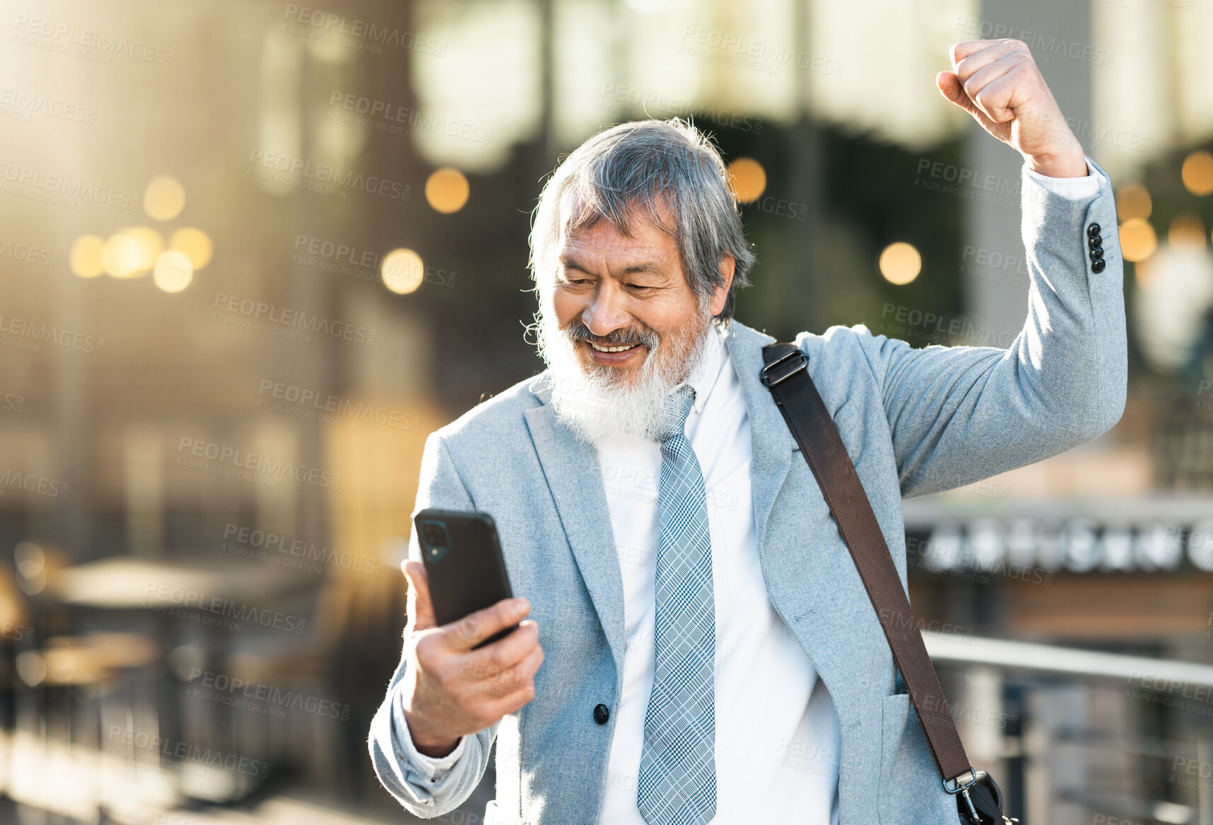 Buy stock photo Happy businessman, winner or phone celebration for lottery, success corporate deal or financial company growth in city. Smile, fist pump or wow senior man winning online competition on smartphone app