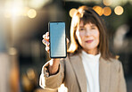 Woman, hand and phone mockup on bokeh background for mobile advertising, marketing or sale in the outdoors. Hands of female showing wireless technology smartphone for communication on blue chromakey