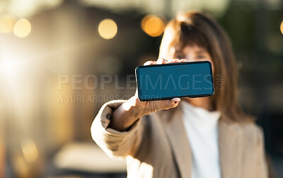 Buy stock photo Hands, business woman and phone with green screen for advertising, marketing or promotion. Mockup space, professional lady and closeup of smartphone, cellphone or mobile device with chroma key screen