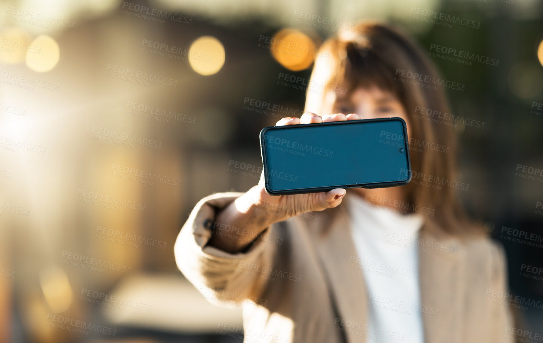 Buy stock photo Hands, business woman and phone with green screen for advertising, marketing or promotion. Mockup space, professional lady and closeup of smartphone, cellphone or mobile device with chroma key screen