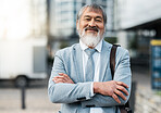 Mature Japanese businessman, arms crossed or city travel by office building street or public transport station. Portrait, smile or happy corporate manager, asian ceo or leadership with success goals