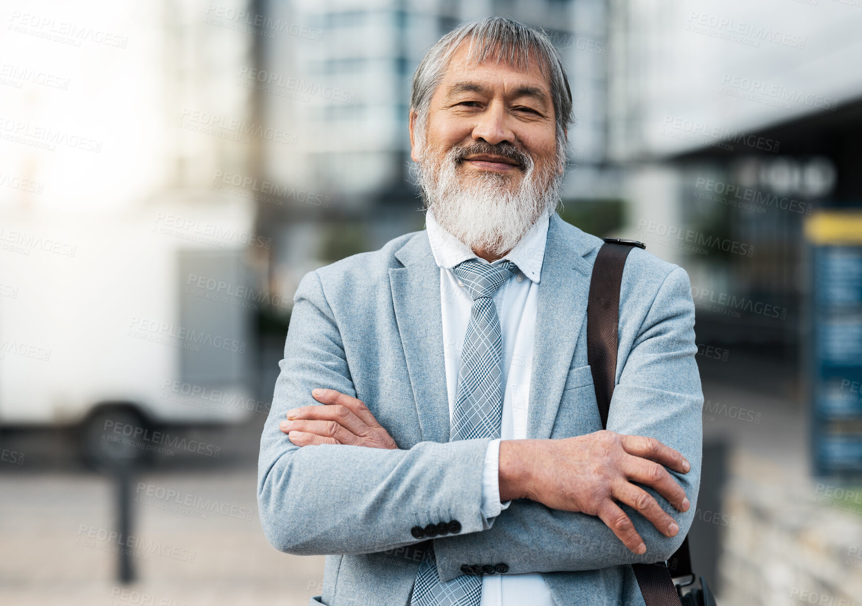 Buy stock photo Mature Japanese businessman, arms crossed or city travel by office building street or public transport station. Portrait, smile or happy corporate manager, asian ceo or leadership with success goals