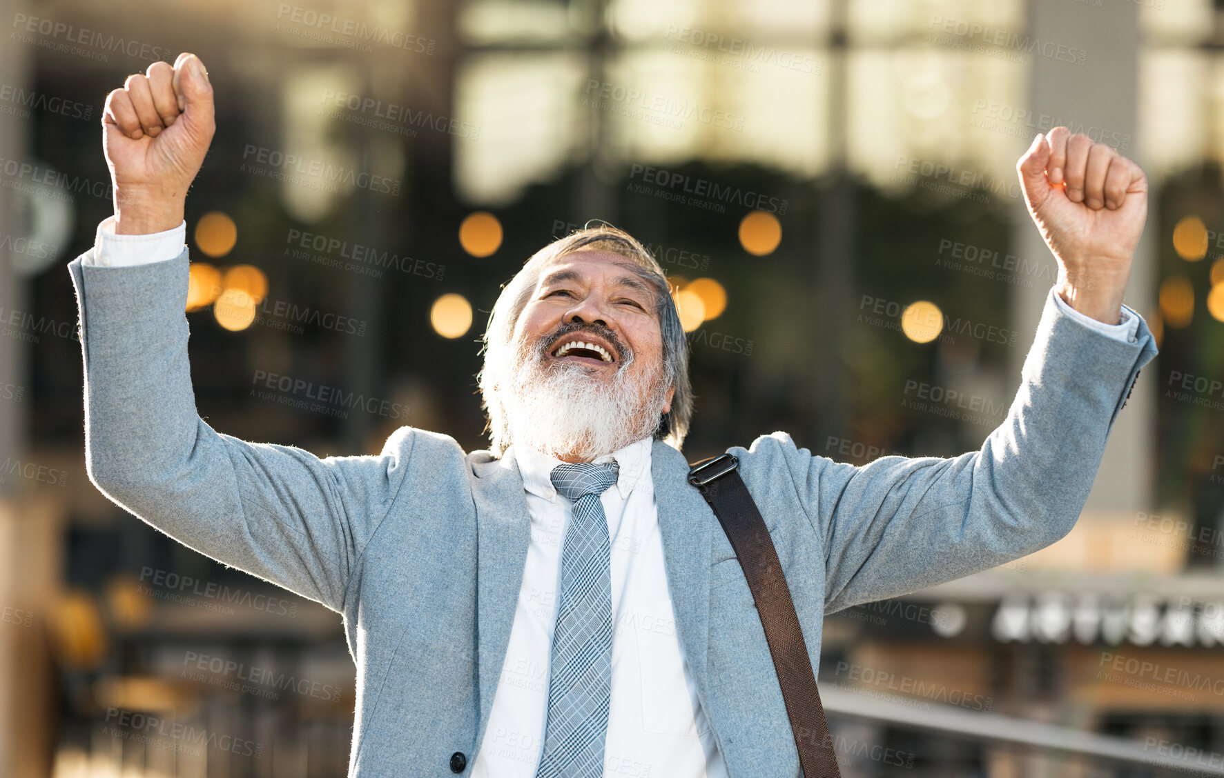 Buy stock photo Senior businessman with success, winning and celebration for bonus, achievement and career goal. Elderly man entrepreneur, corporate worker or professional winner celebrate sale and profit outdoor