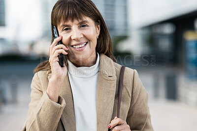 Buy stock photo Senior woman, business and phone call on walk in city for communication with smile outdoor. Corporate conversation, happy entrepreneur or networking in metro, urban or street  with talk on smartphone