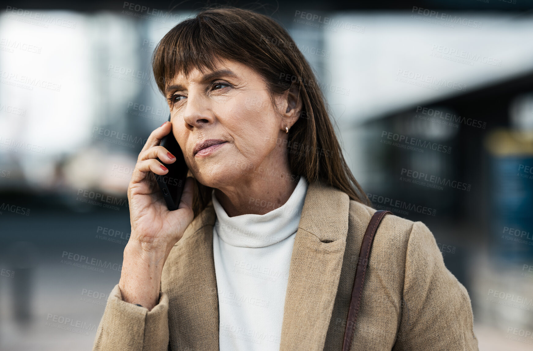 Buy stock photo Phone call, city and serious senior woman in professional communication with legal client on mobile. Lawyer, thinking and listening to 5g smartphone conversation on urban town commute.

