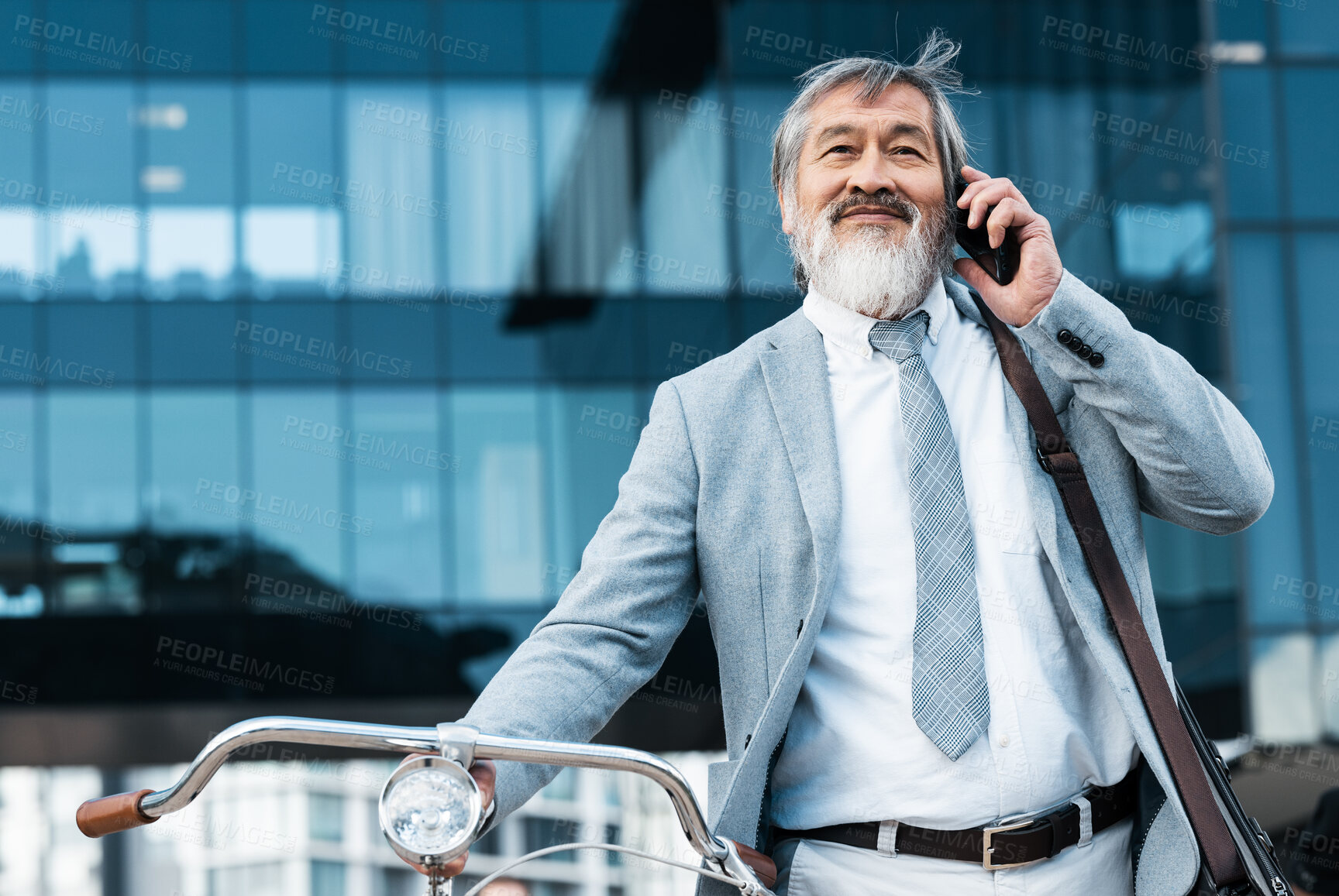 Buy stock photo Bicycle, phone and Asian businessman in city talking, speaking and listening on phone call. Travel, eco friendly transport and mature Asian man with smartphone and bike for low carbon footprint