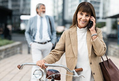 Phone call, bicycle and senior woman cycling to work while talking, speaking and in 5g conversation with business contact. Eco friendly transportation, communication and city person walking with bike