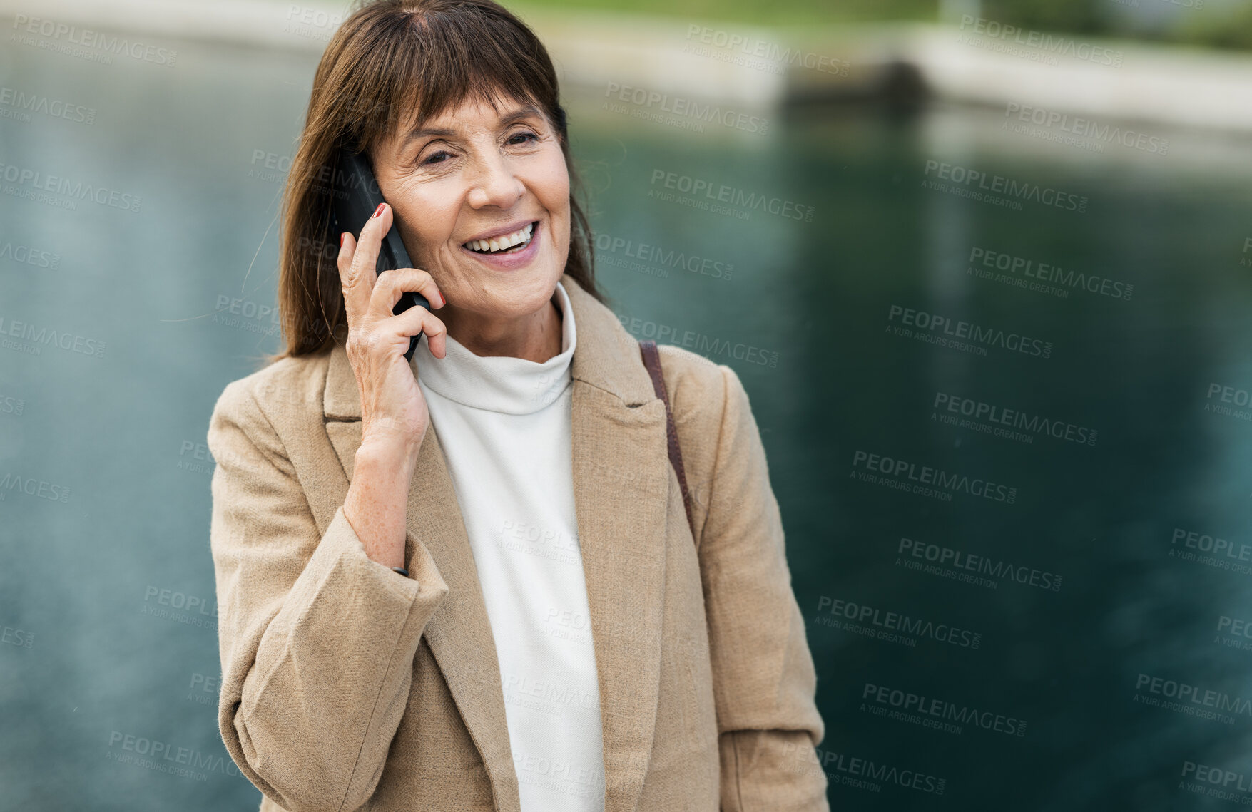 Buy stock photo Happy, senior woman and phone call for conversation, discussion and with smile outdoor. Retirement, mature female and confident lady with smartphone for talking, communication and speaking to connect