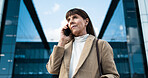 Business, woman and phone call in the city of senior executive female with 5g communuication. Urban town, leading businesswoman and cellphone or mobile conversation with an aged lady outside