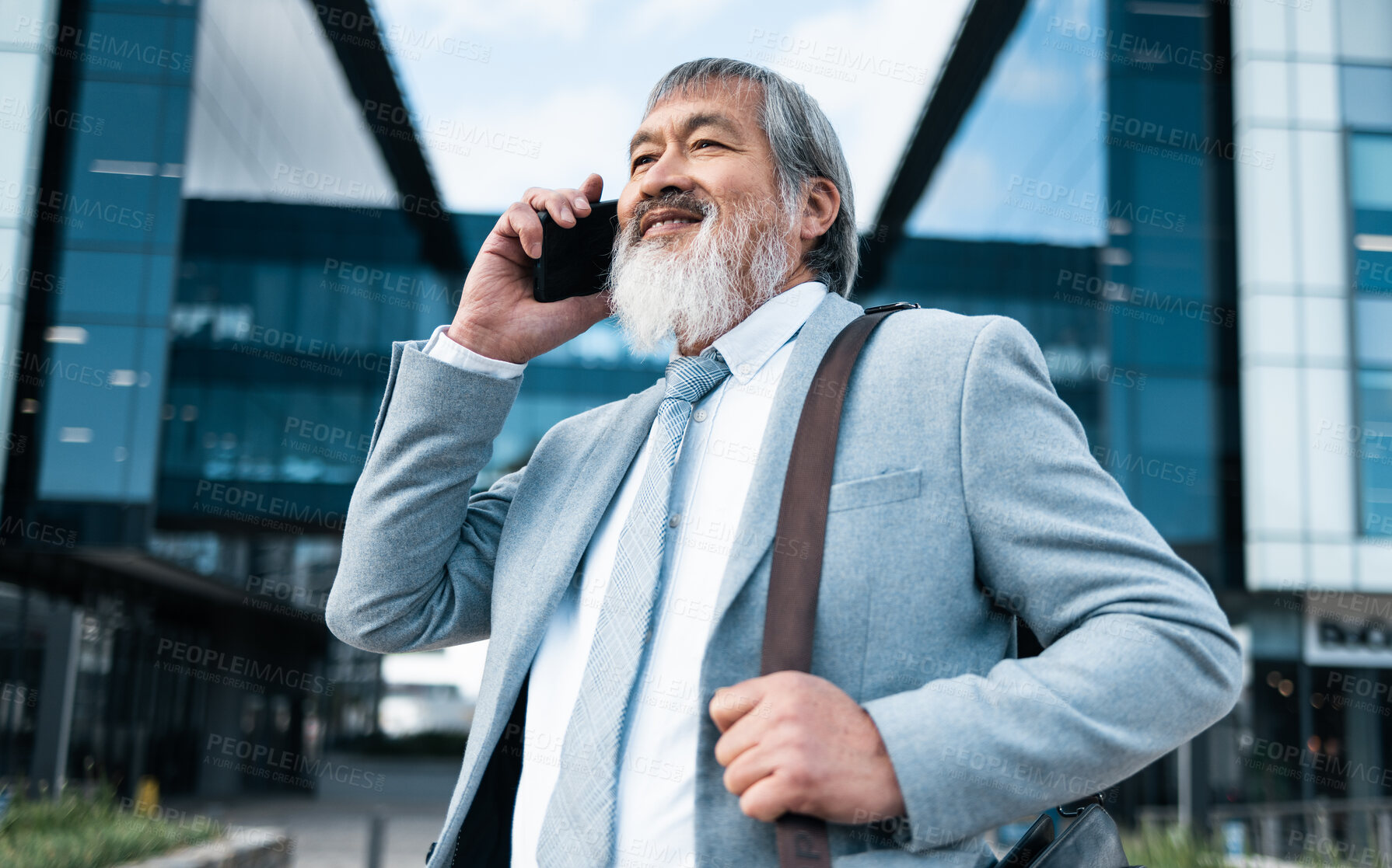 Buy stock photo Phone call, travel or Japan businessman in city with smile for communication, networking or 5g network outdoor. Smile, happy or traveling man with phone, smartphone or tech for contact us in street
