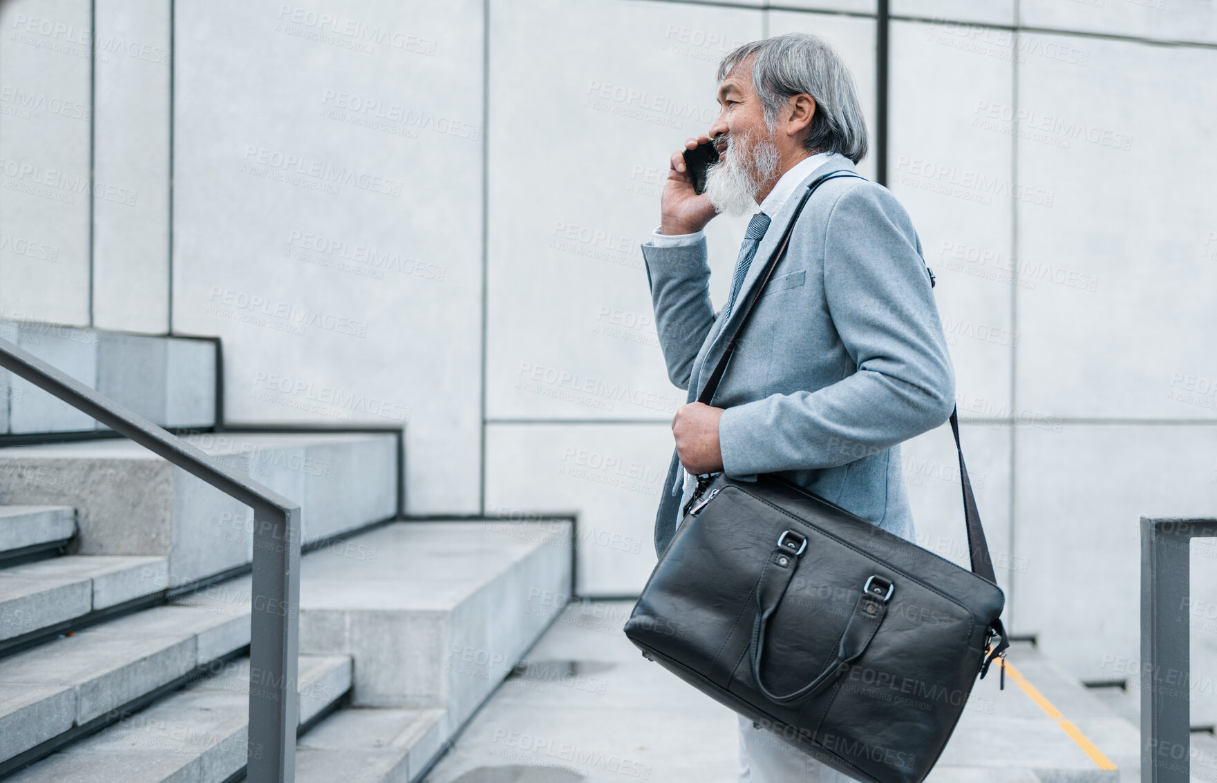 Buy stock photo Phone call, communication and mature businessman talking, networking and planning on a phone walking to work. Smile, corporate and manager speaking on a mobile on a walk on stairs in the city