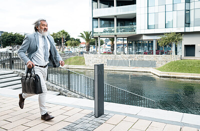 Buy stock photo Businessman, running and work time in the city for urgent meeting, deadline or behind schedule. Elderly man having a run to the office for business deal, appointment or opportunity in the outdoors