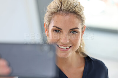 Buy stock photo Phone selfie, office worker and woman using smartphone to take photo of new, corporate business job and employee satisfaction. Social media post, cell phone technology and 5g tech internet connection