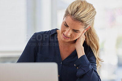 Buy stock photo Stress, laptop and business woman with neck pain, tired and headache from working in office. Burnout, overworked and stressed female worker massage sore, ache and tense muscle in neck in workplace