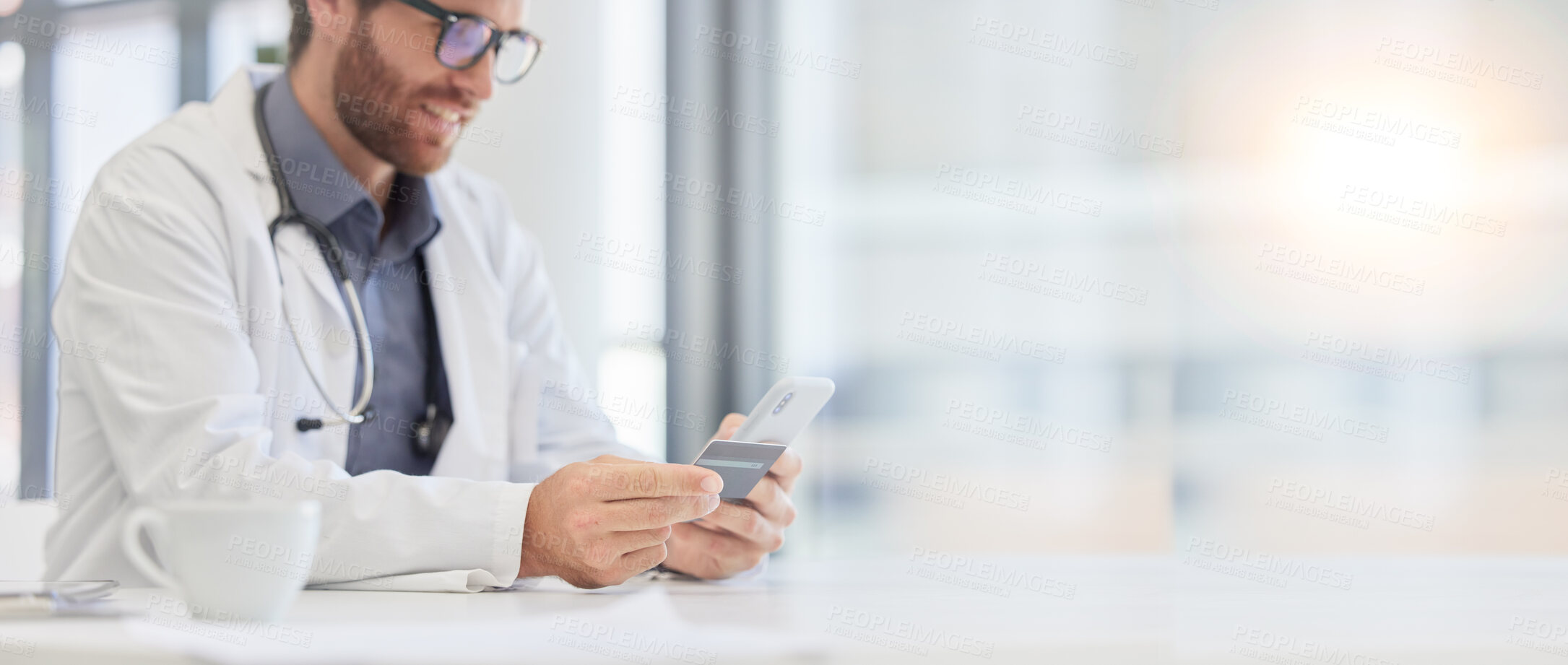 Buy stock photo Phone, healthcare or doctor with credit card payment in hospital for online shopping, ecommerce or digital banking app. Happy man, smile or nurse with smartphone for website store purchase or trading