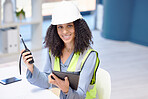 Engineer, walkie talkie and tablet with a black woman working in logistics, construction or engineering using technology for communication and innovation. Portrait of a manager at her office desk