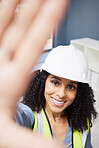 Black woman, construction and architecture with selfie portrait, happy and smile at engineering job. Architect, contractor or construction worker with hand frame, smile and happiness in industry