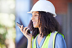 Construction, black woman and phone call with microphone for voice speaker, audio recording and talking for project management, mobile planning and contact. Building logistics manager on smartphone