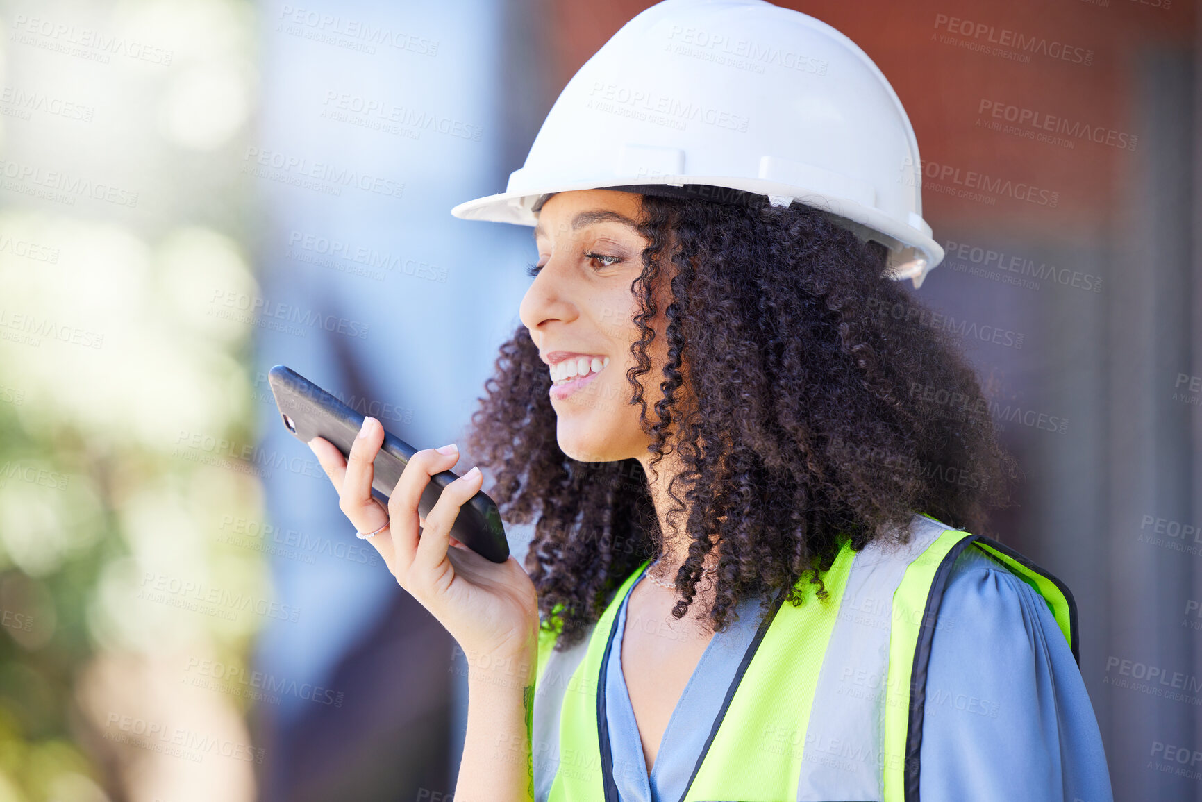 Buy stock photo Construction, black woman and phone call with microphone for voice speaker, audio recording and talking for project management, mobile planning and contact. Building logistics manager on smartphone